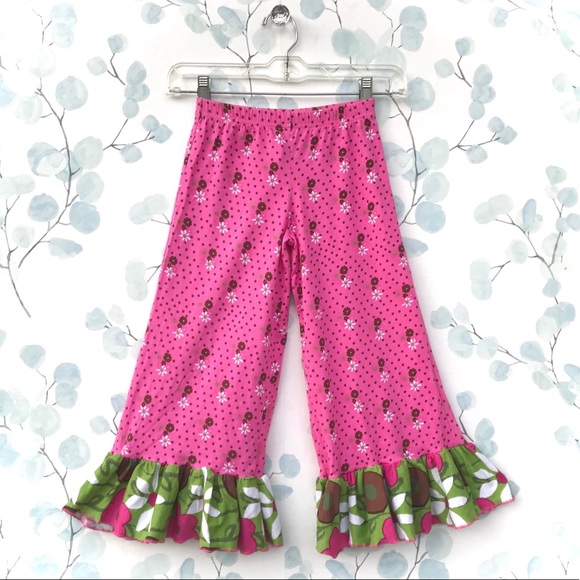 Corkys Other - Corkys Kids Pink Green Brown White Flowers Ruffled Bottom Polka Dot Floral Pants